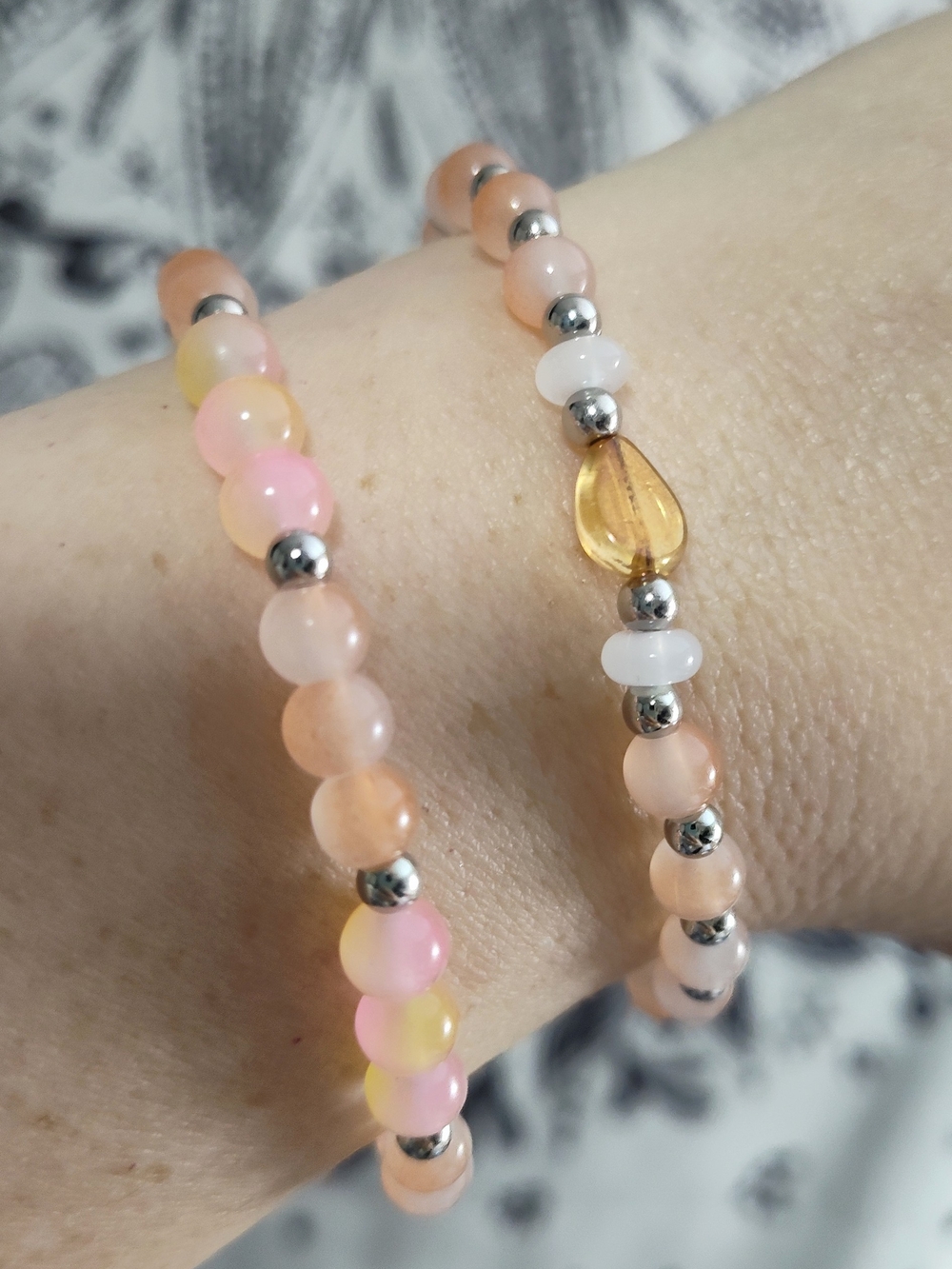 Set of 2 - Handmade Peach and Pink Beaded Stretch Bracelet Set